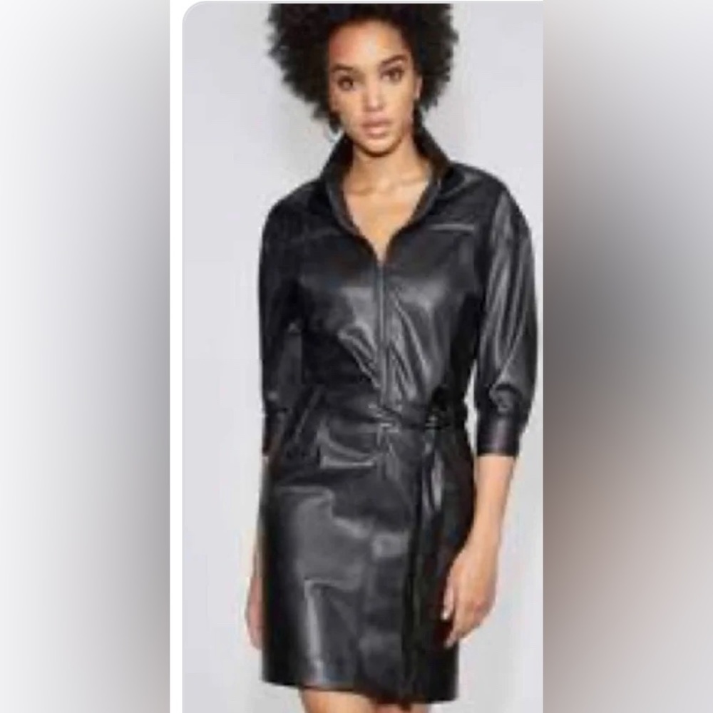 NY&Co Gabrielle Union Black Faux Leather Belted Shirt Dress Size Small NWOT
